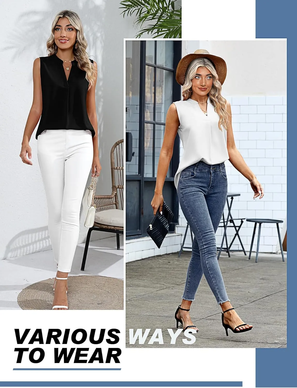 2 Pack Women's Sleeveless Tank Tops, Chiffon Sparkly V Neck Pleated Blouses Loose Fit Tunic Top Dressy Casual Shirt