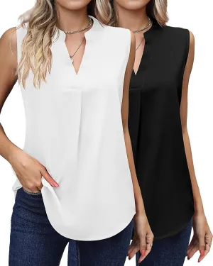 2 Pack Women's Sleeveless Tank Tops, Chiffon Sparkly V Neck Pleated Blouses Loose Fit Tunic Top Dressy Casual Shirt