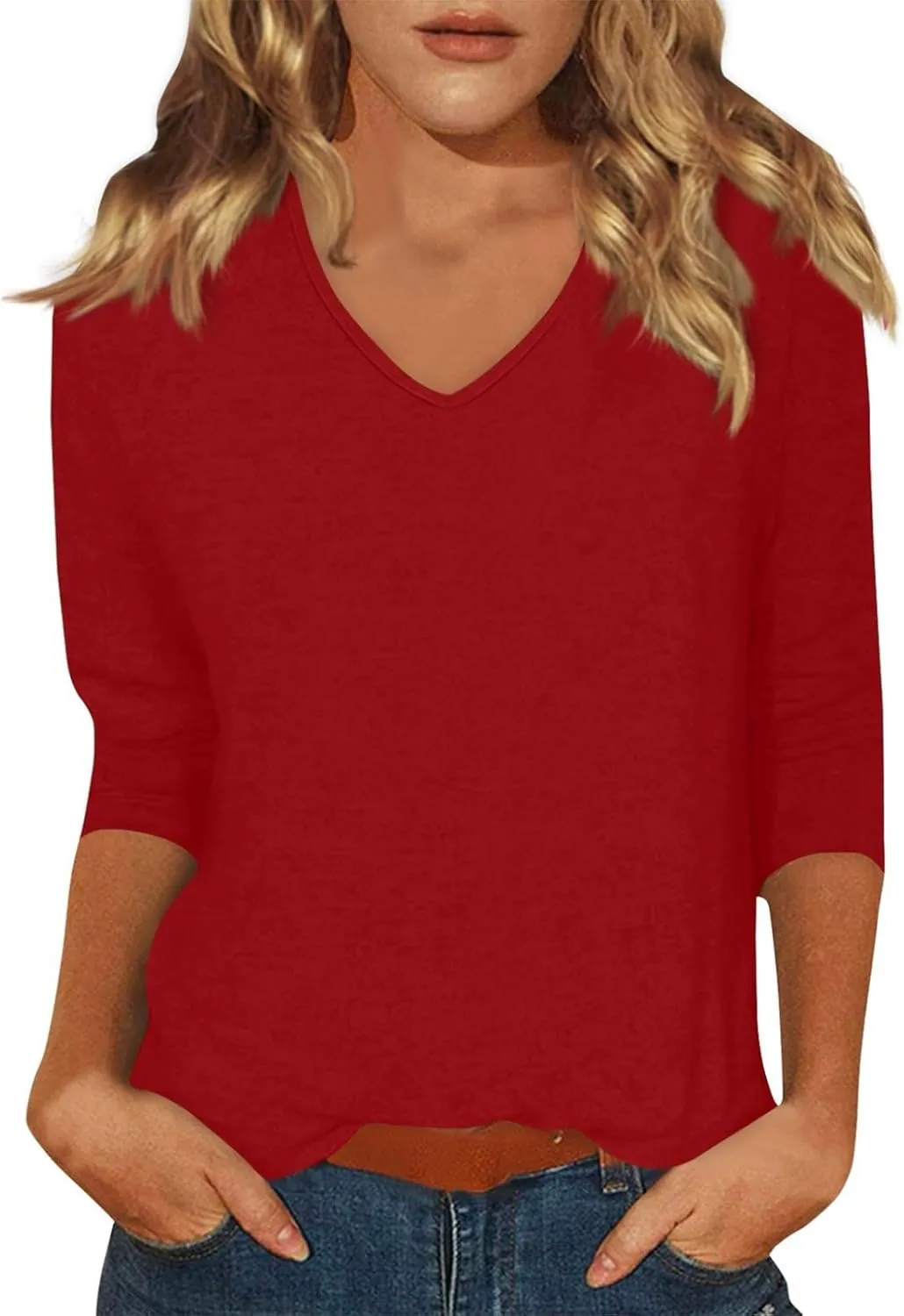 3/4 Length Sleeve Womens Tops Casual V-Neck Ladies Shirts 2025 Summer Elbow Length Printed,Plain t Shirts Outfits