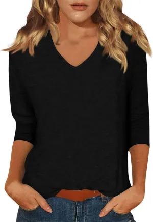3/4 Length Sleeve Womens Tops Casual V-Neck Ladies Shirts 2025 Summer Elbow Length Printed,Plain t Shirts Outfits