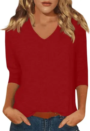 3/4 Length Sleeve Womens Tops Casual V-Neck Ladies Shirts 2025 Summer Elbow Length Printed,Plain t Shirts Outfits