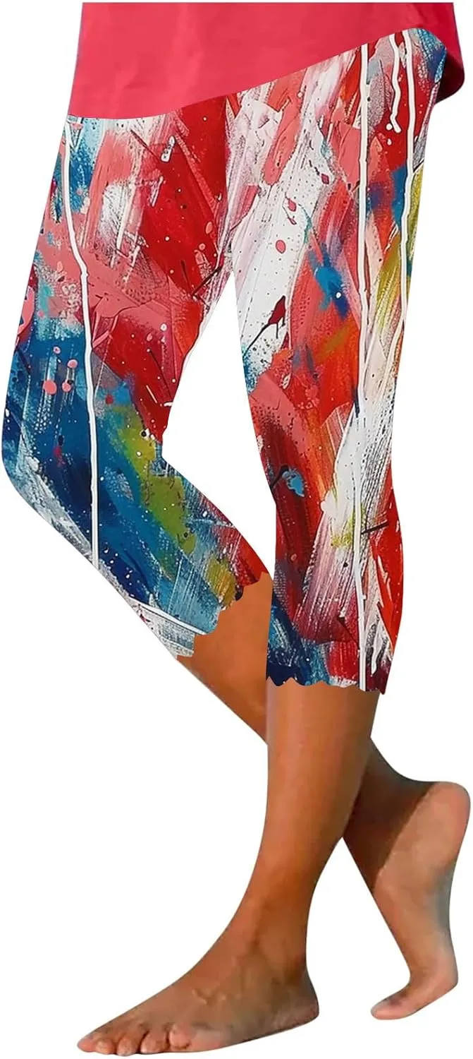 4th of July Capri Leggings for Women American Flag Patterned Patriotic Pants High Waist Workout Yoga Legging