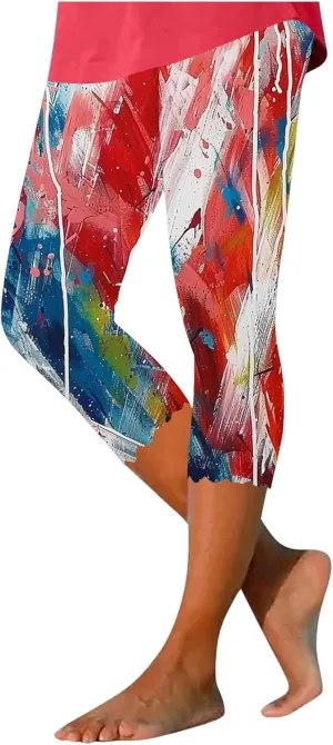 4th of July Capri Leggings for Women American Flag Patterned Patriotic Pants High Waist Workout Yoga Legging