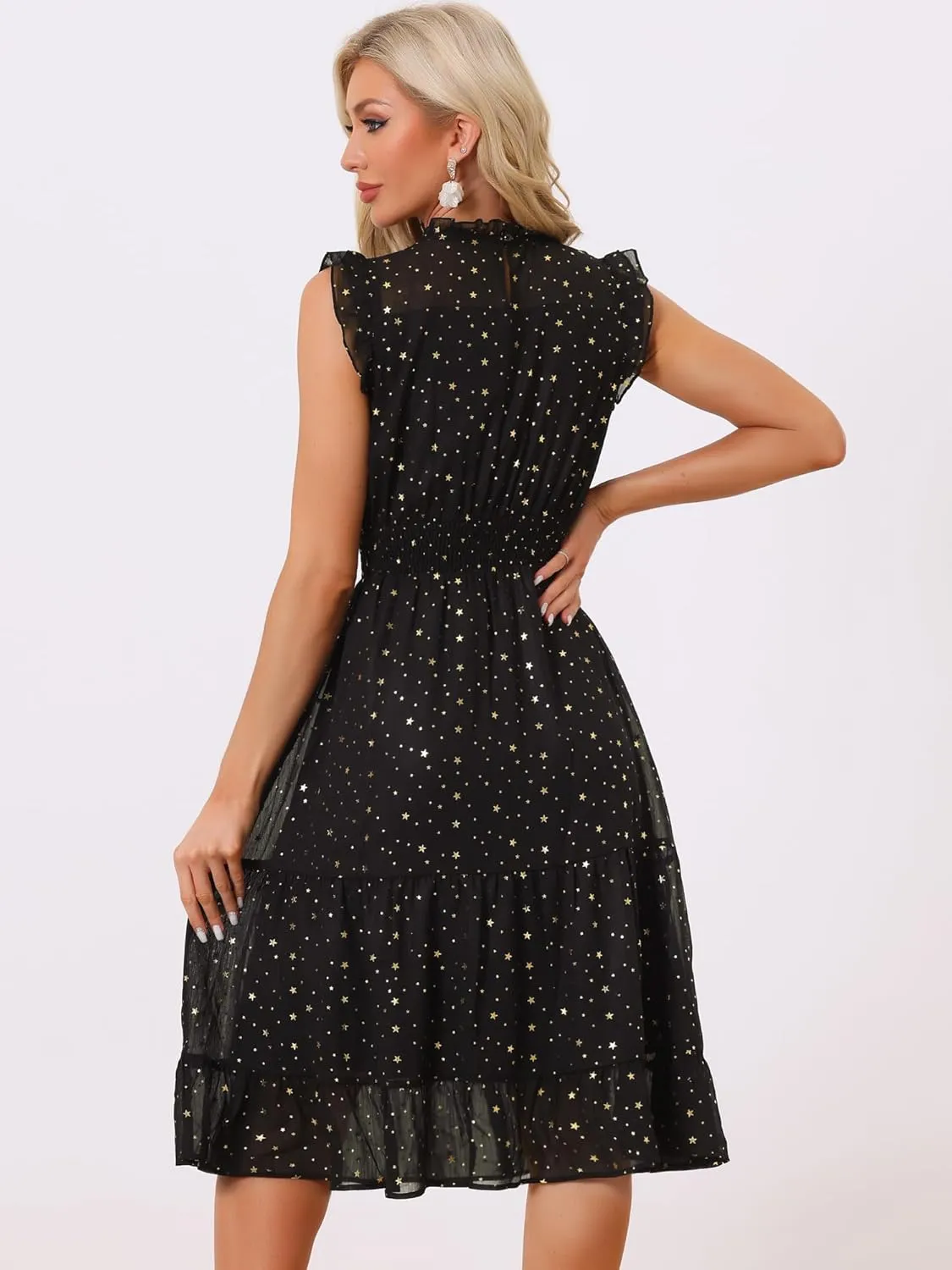 Allegra K Casual Chiffon Midi Dress for Women's Sleeveless Smocked Waist Gilding Metallic Stars Party Dresses