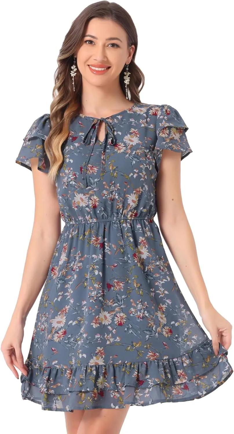 Allegra K Women's Chiffon Floral Petal Sleeve Self-Tie V Neck Flowy A-Line Ruffle Dress
