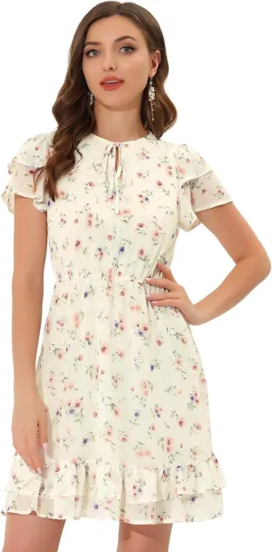 Allegra K Women's Chiffon Floral Petal Sleeve Self-Tie V Neck Flowy A-Line Ruffle Dress