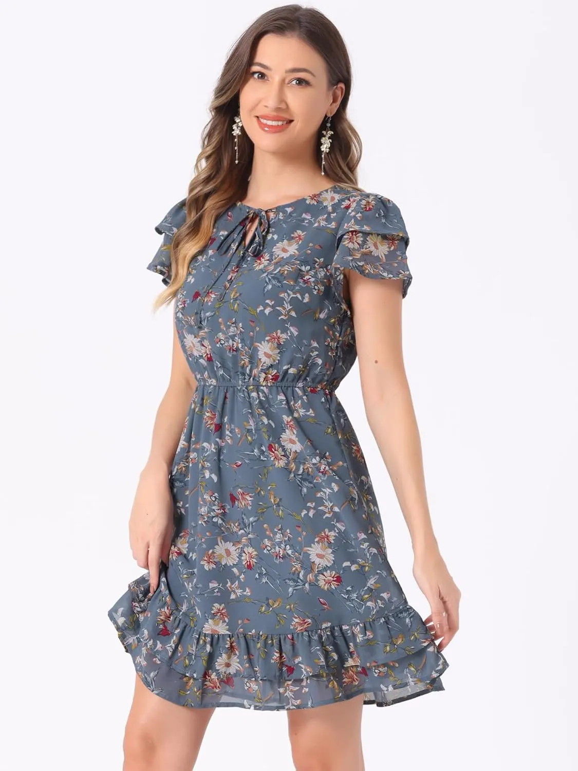 Allegra K Women's Chiffon Floral Petal Sleeve Self-Tie V Neck Flowy A-Line Ruffle Dress