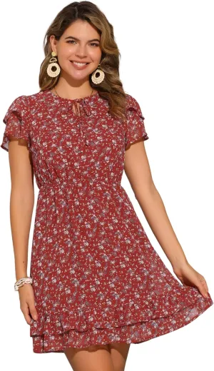 Allegra K Women's Chiffon Floral Petal Sleeve Self-Tie V Neck Flowy A-Line Ruffle Dress