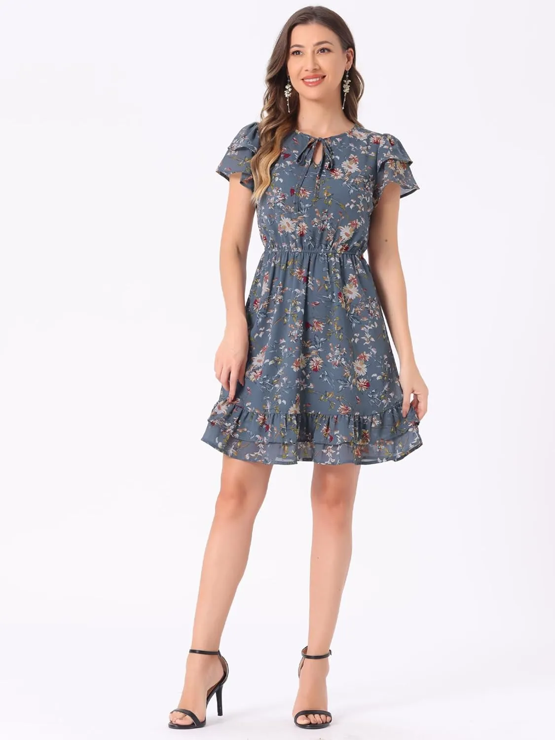 Allegra K Women's Chiffon Floral Petal Sleeve Self-Tie V Neck Flowy A-Line Ruffle Dress