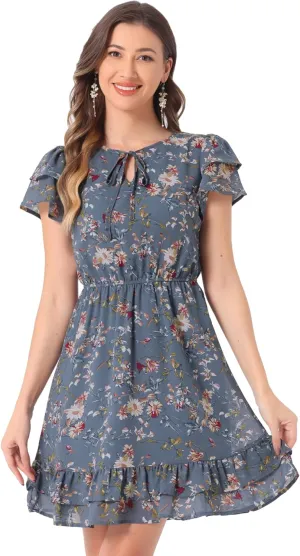 Allegra K Women's Chiffon Floral Petal Sleeve Self-Tie V Neck Flowy A-Line Ruffle Dress