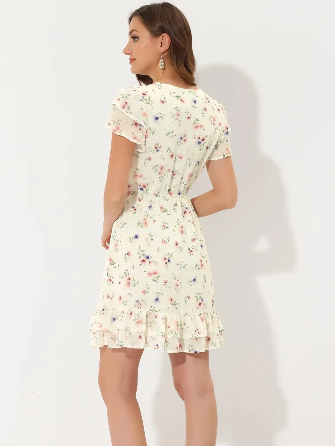 Allegra K Women's Chiffon Floral Petal Sleeve Self-Tie V Neck Flowy A-Line Ruffle Dress