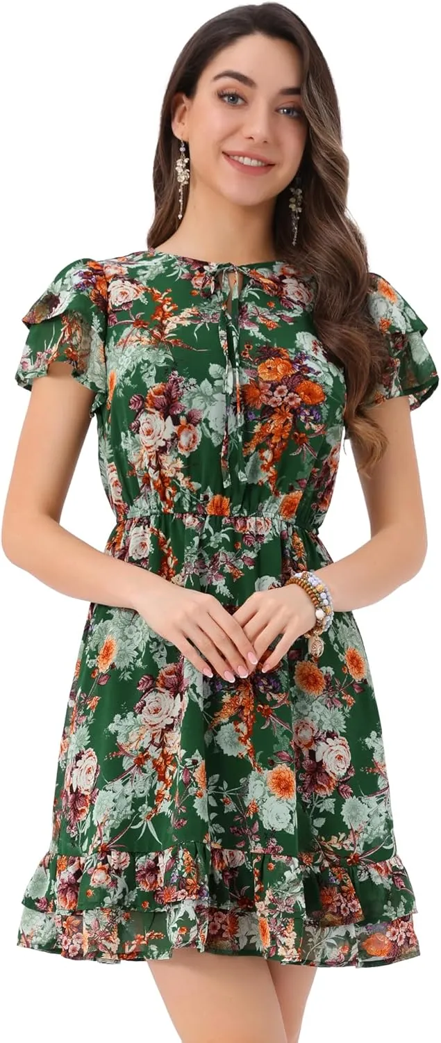 Allegra K Women's Chiffon Floral Petal Sleeve Self-Tie V Neck Flowy A-Line Ruffle Dress