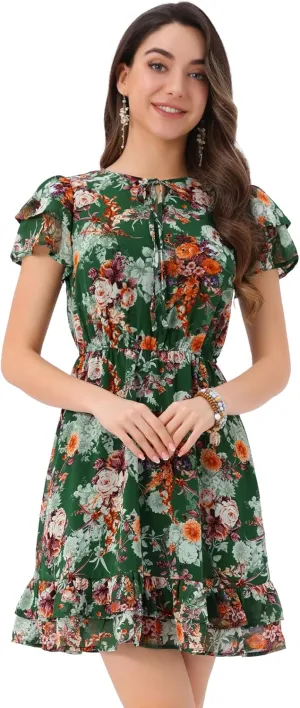 Allegra K Women's Chiffon Floral Petal Sleeve Self-Tie V Neck Flowy A-Line Ruffle Dress
