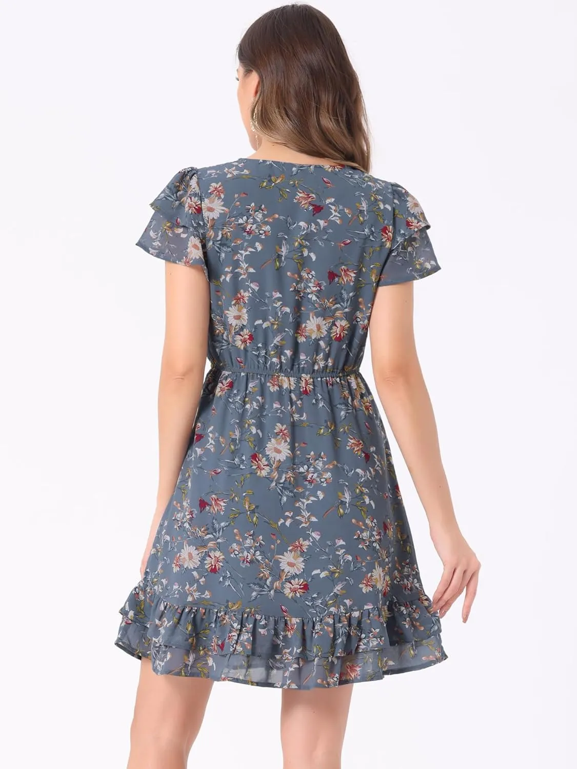 Allegra K Women's Chiffon Floral Petal Sleeve Self-Tie V Neck Flowy A-Line Ruffle Dress