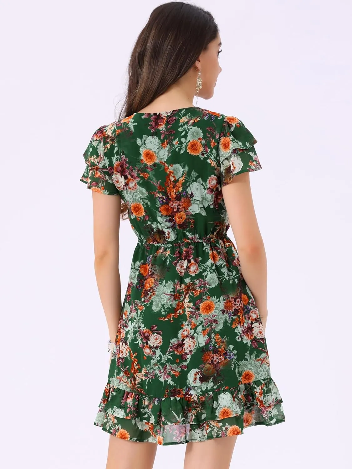 Allegra K Women's Chiffon Floral Petal Sleeve Self-Tie V Neck Flowy A-Line Ruffle Dress