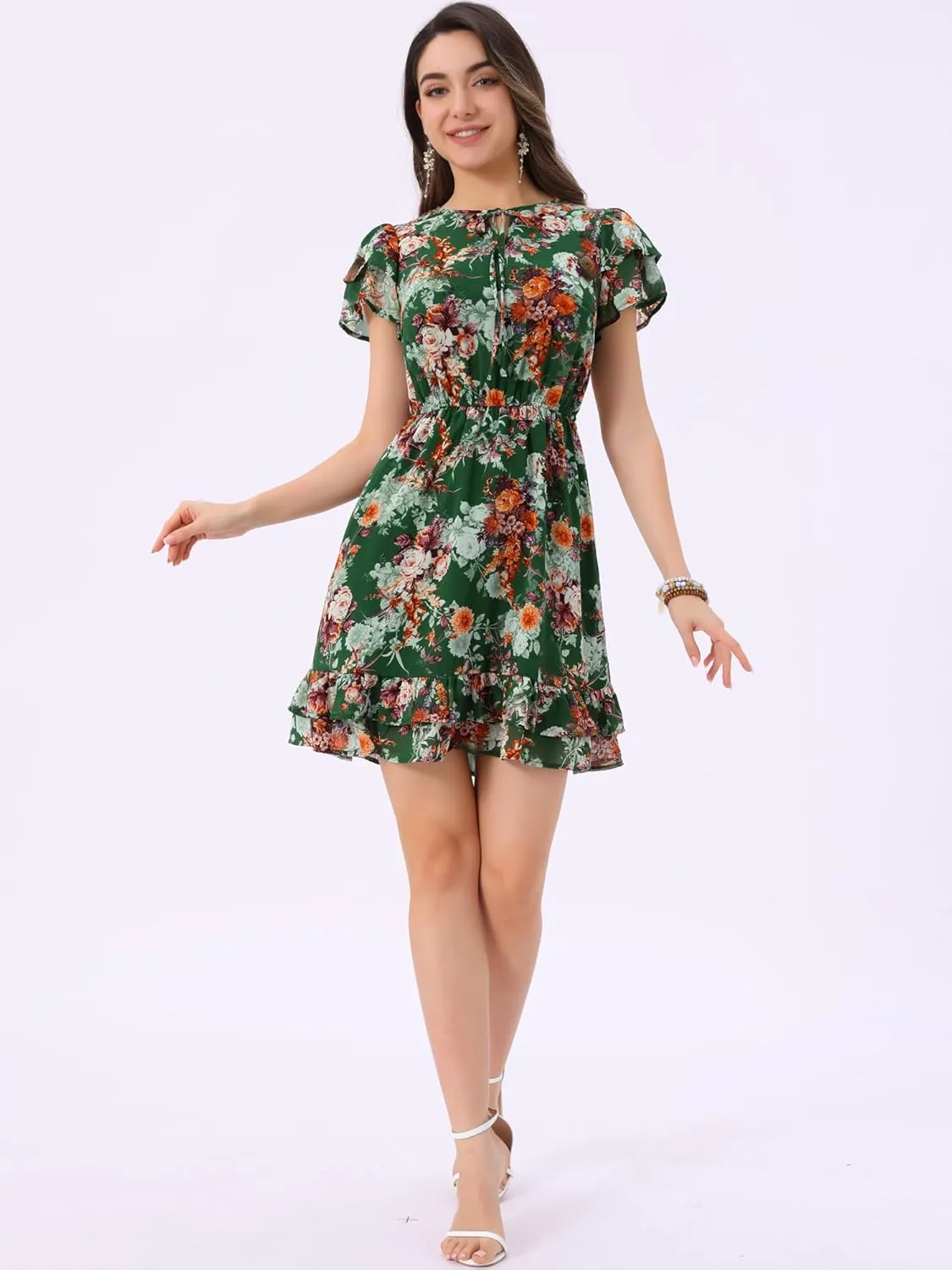 Allegra K Women's Chiffon Floral Petal Sleeve Self-Tie V Neck Flowy A-Line Ruffle Dress