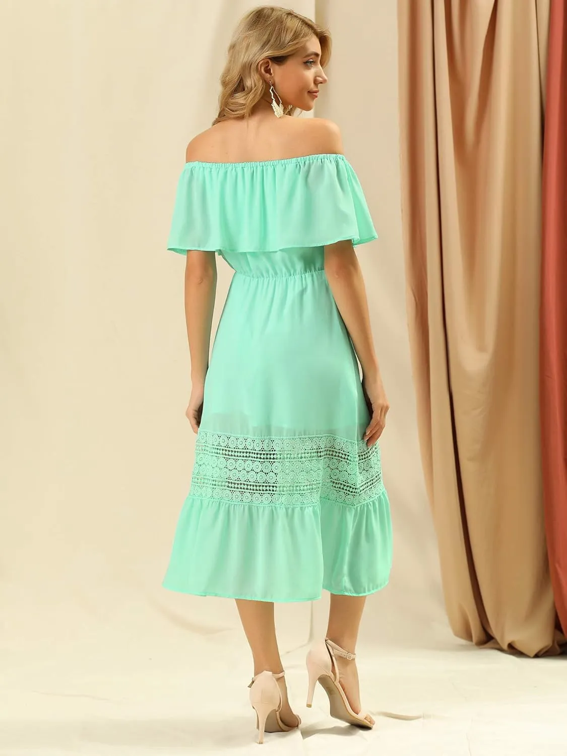 Allegra K Women's Off Shoulder Ruffle Sleeve Lace Insert Chiffon Casual Beach Vacation Midi Dress
