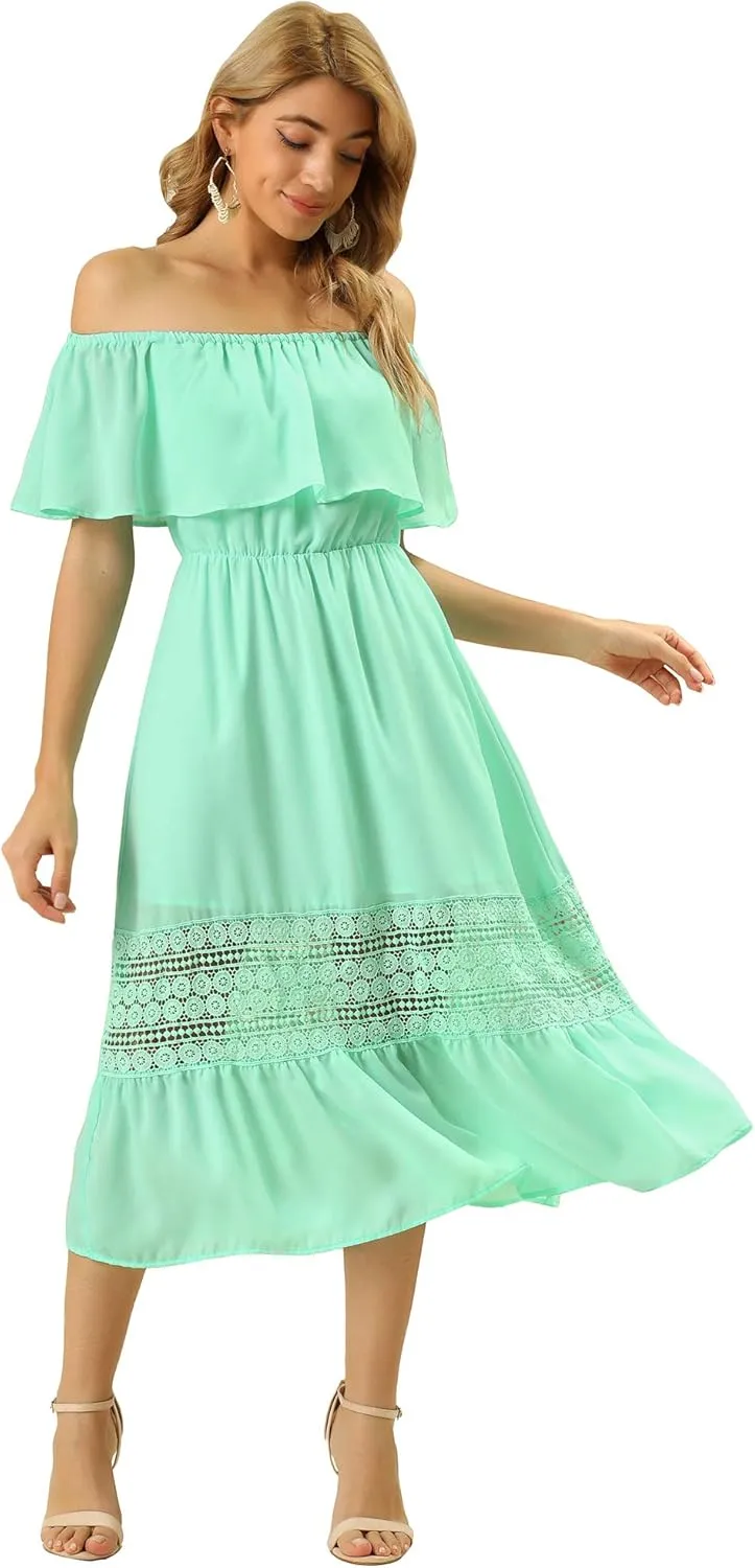 Allegra K Women's Off Shoulder Ruffle Sleeve Lace Insert Chiffon Casual Beach Vacation Midi Dress