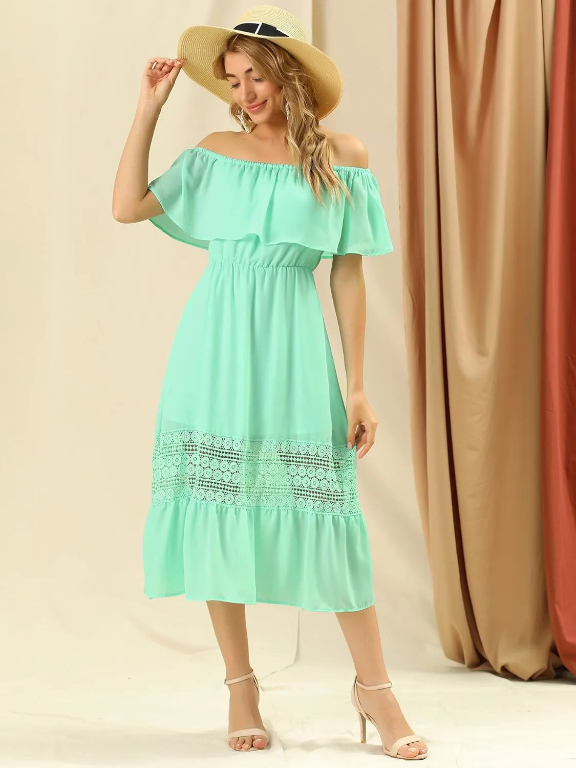 Allegra K Women's Off Shoulder Ruffle Sleeve Lace Insert Chiffon Casual Beach Vacation Midi Dress