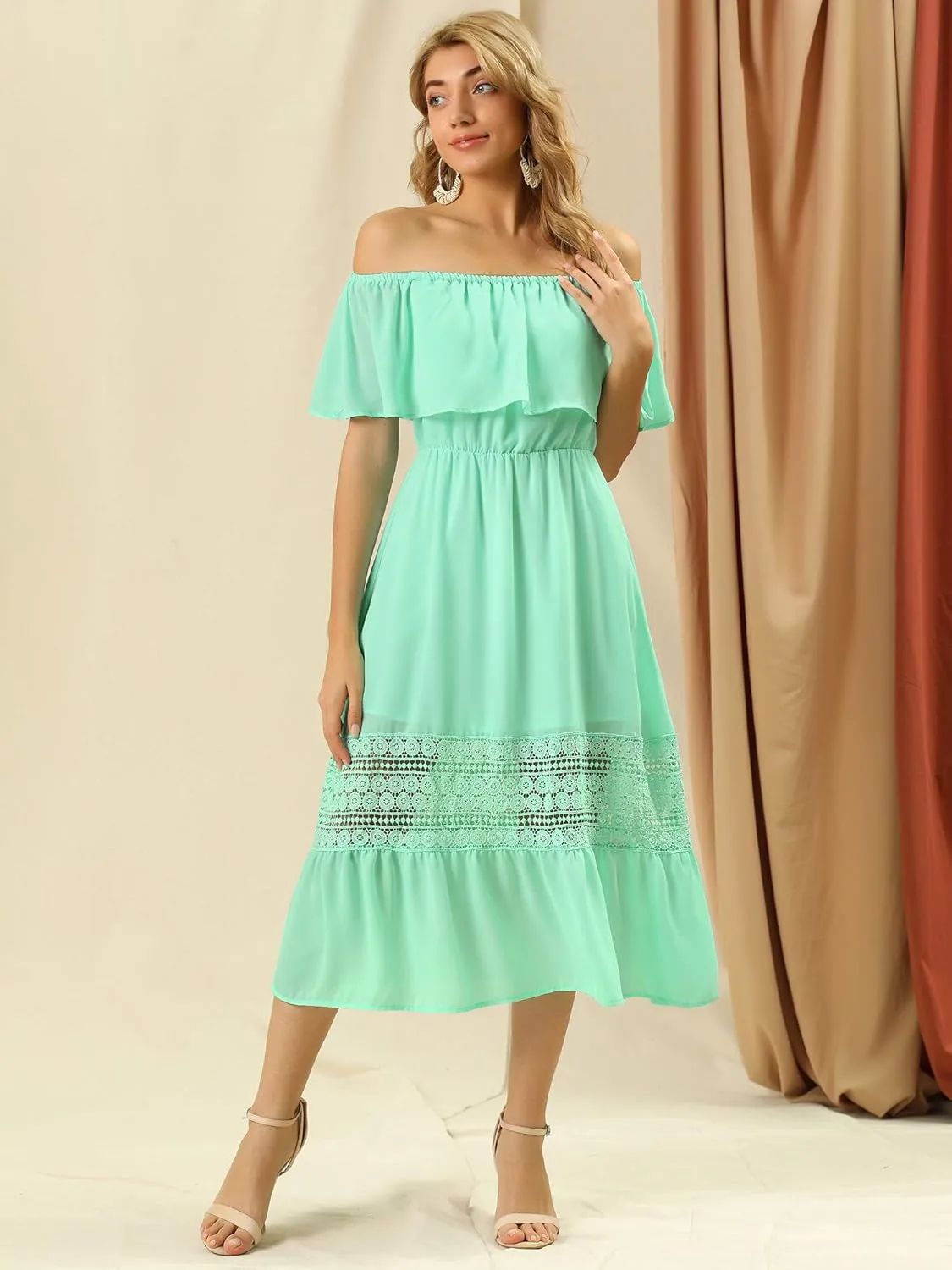 Allegra K Women's Off Shoulder Ruffle Sleeve Lace Insert Chiffon Casual Beach Vacation Midi Dress