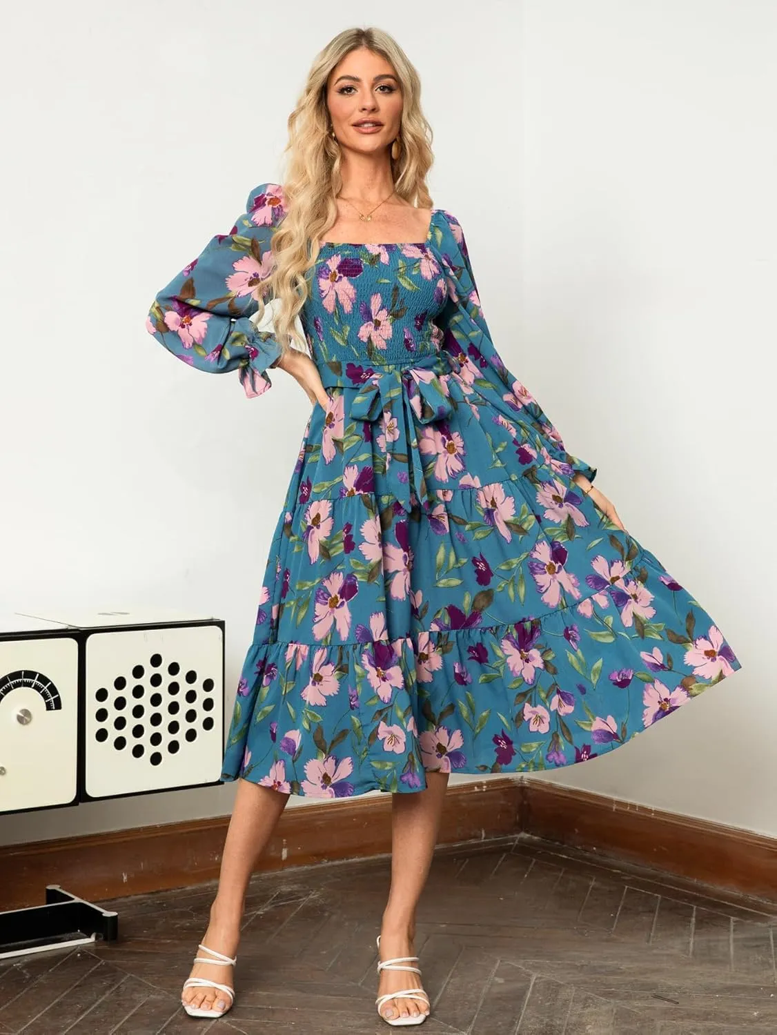 Amegoya Women's Boho Flowy Long Sleeve Square Neck Floral Midi Dress Smocked Spring Fall Wedding Guest Dresses