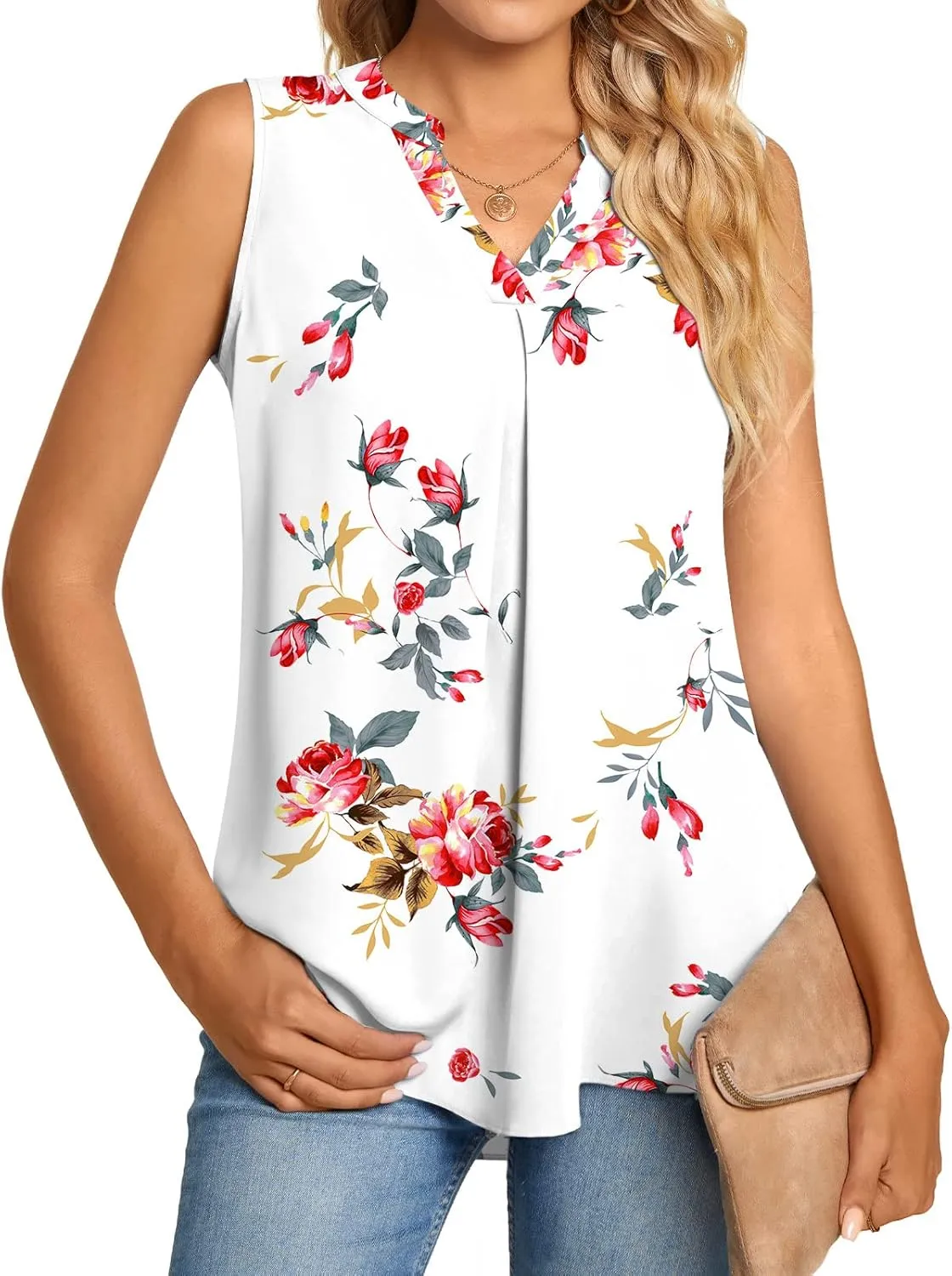 Anyhold Women's Chiffon Tank Tops Sleeveless V Neck Blouse Dressy Casual Tops Office Work Shirts