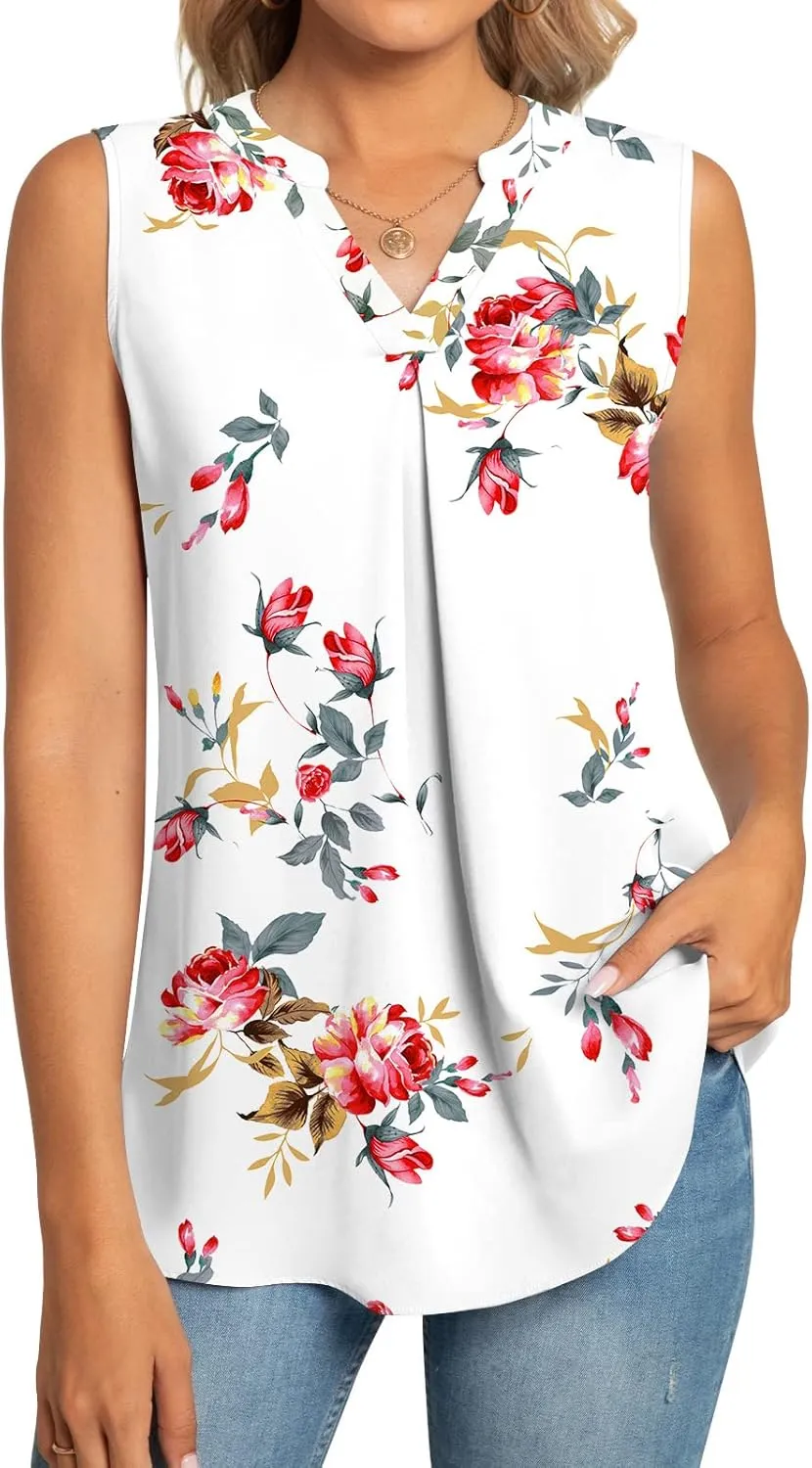 Anyhold Women's Chiffon Tank Tops Sleeveless V Neck Blouse Dressy Casual Tops Office Work Shirts
