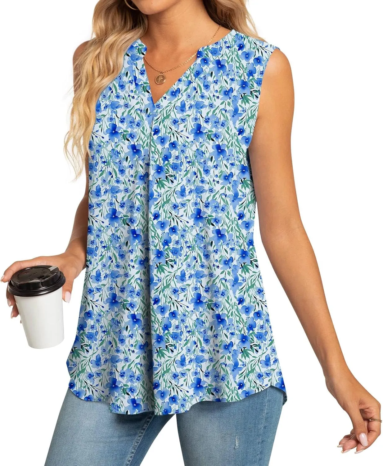 Anyhold Women's Chiffon Tank Tops Sleeveless V Neck Blouse Dressy Casual Tops Office Work Shirts