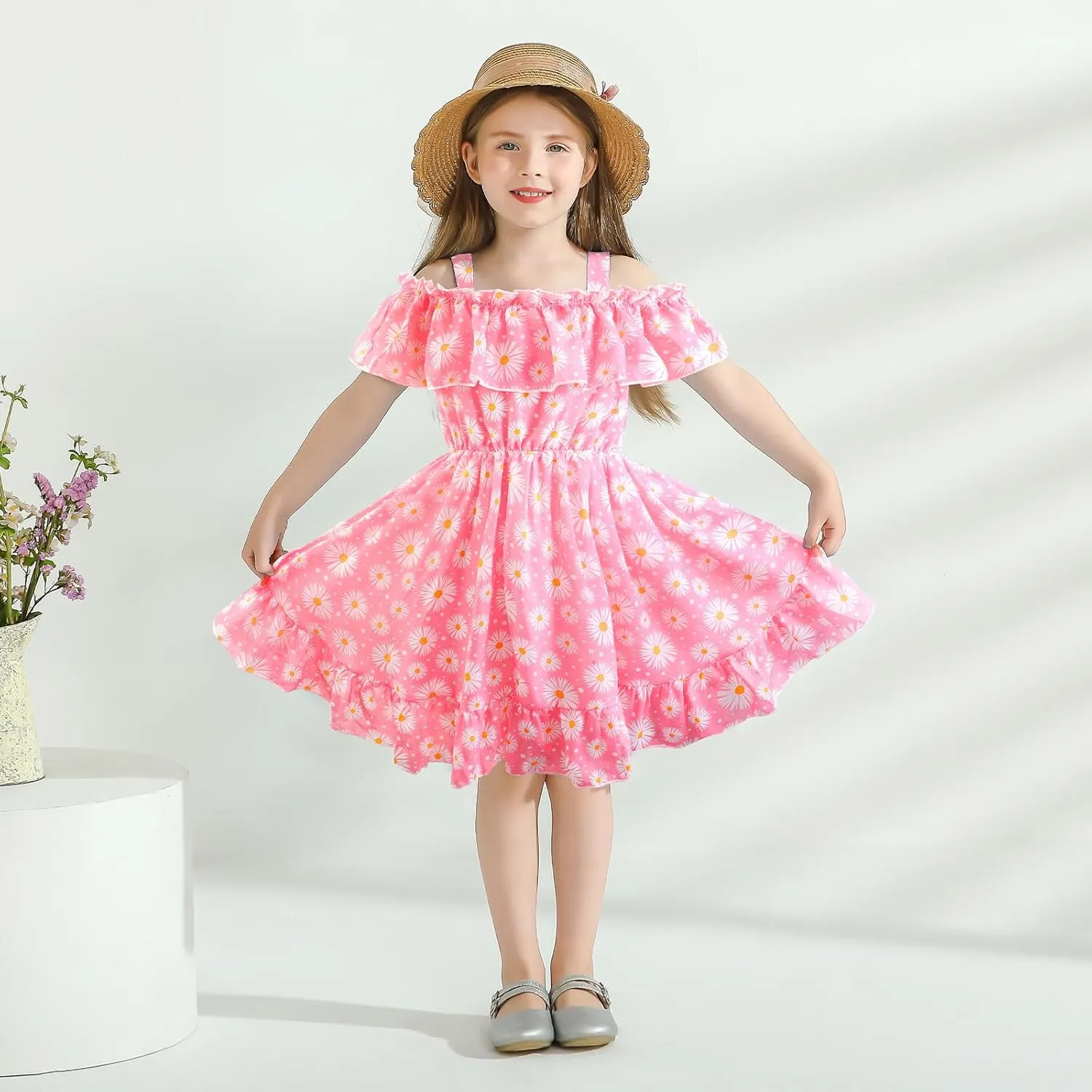 Baby Toddler Girls Dresses Chiffon Off Shoulder Flower Dress Baby Girl Clothes Summer Outfits 1-7 Years