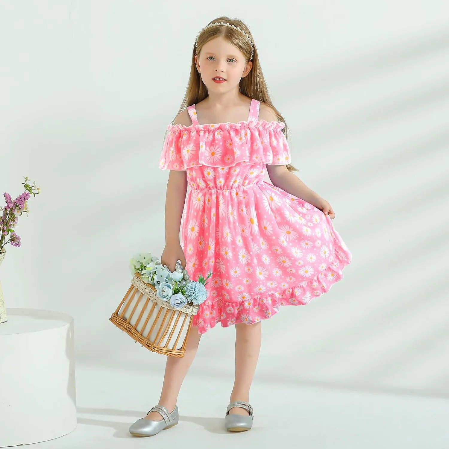 Baby Toddler Girls Dresses Chiffon Off Shoulder Flower Dress Baby Girl Clothes Summer Outfits 1-7 Years