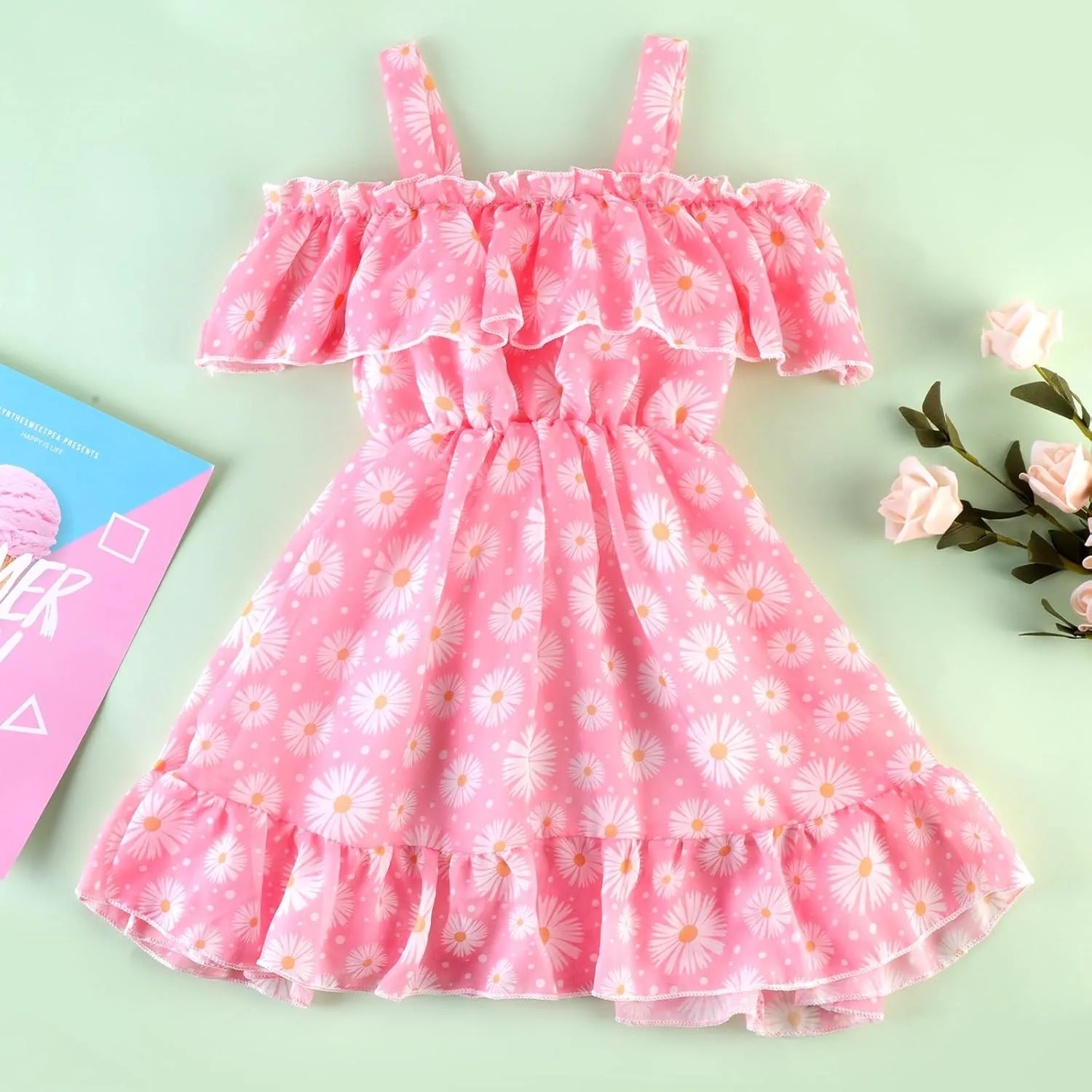 Baby Toddler Girls Dresses Chiffon Off Shoulder Flower Dress Baby Girl Clothes Summer Outfits 1-7 Years
