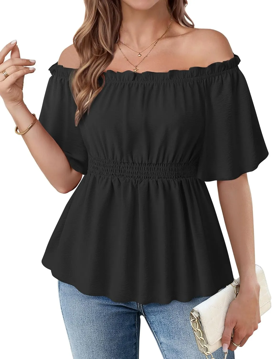 Bebonnie Women's Summer Off The Shoulder Short Sleeve Chiffon Blouse Ruffle Hem Tops
