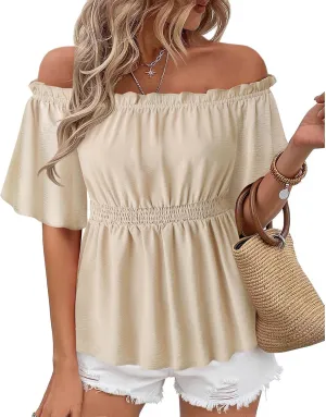 Bebonnie Women's Summer Off The Shoulder Short Sleeve Chiffon Blouse Ruffle Hem Tops
