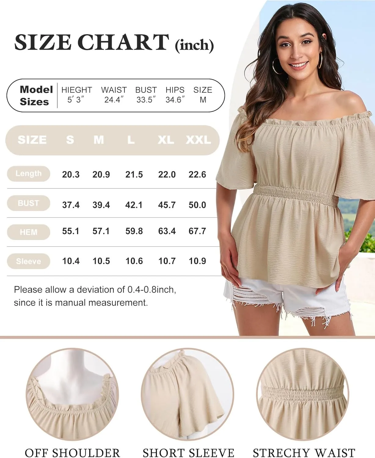 Bebonnie Women's Summer Off The Shoulder Short Sleeve Chiffon Blouse Ruffle Hem Tops