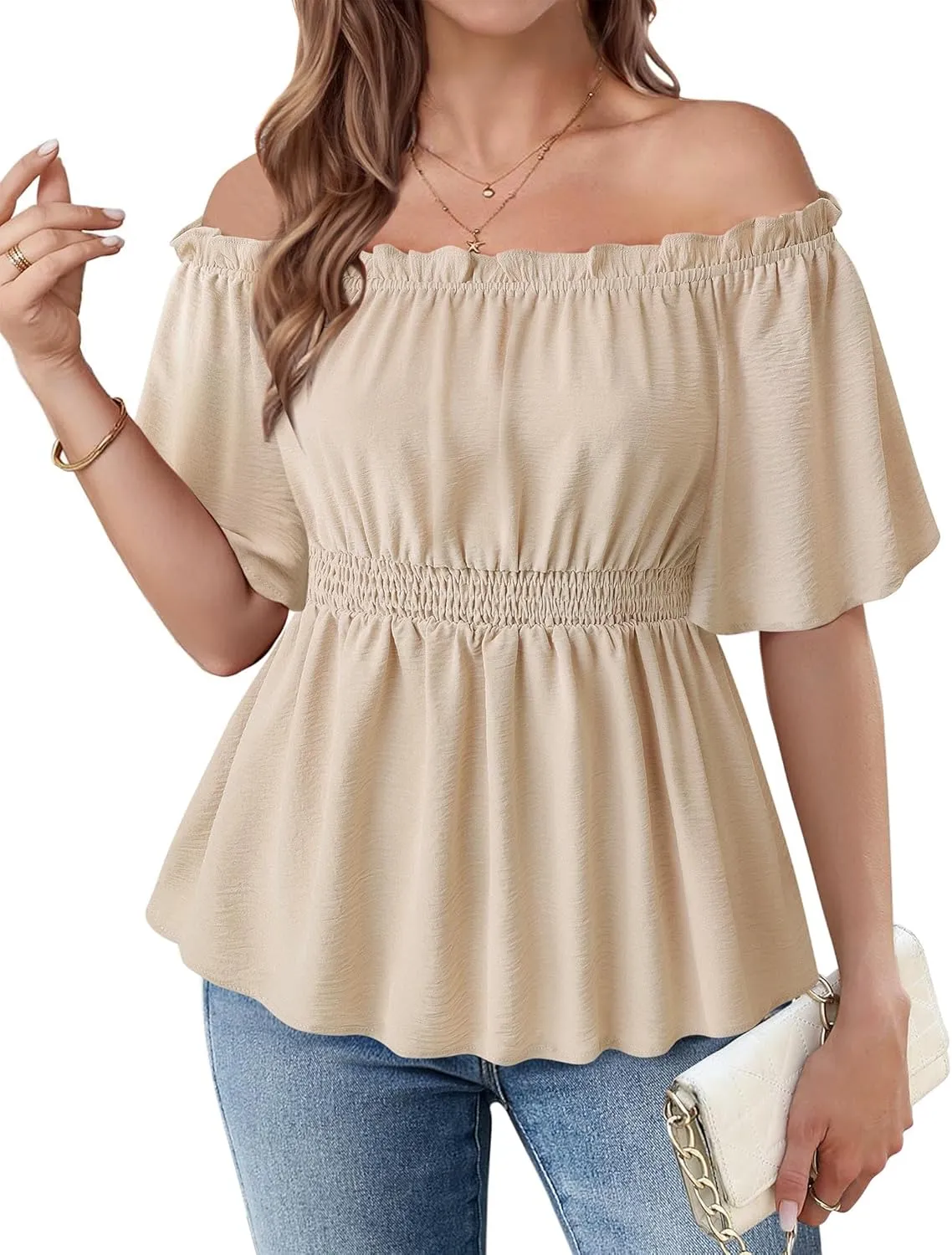 Bebonnie Women's Summer Off The Shoulder Short Sleeve Chiffon Blouse Ruffle Hem Tops