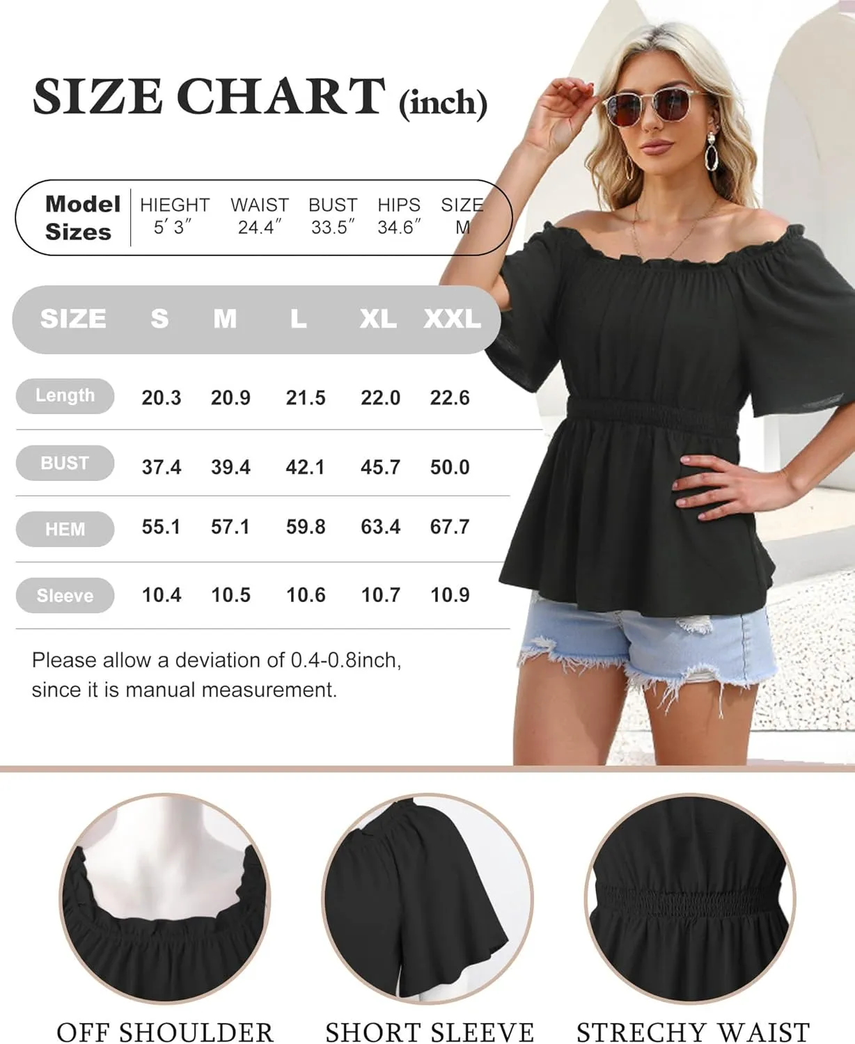 Bebonnie Women's Summer Off The Shoulder Short Sleeve Chiffon Blouse Ruffle Hem Tops