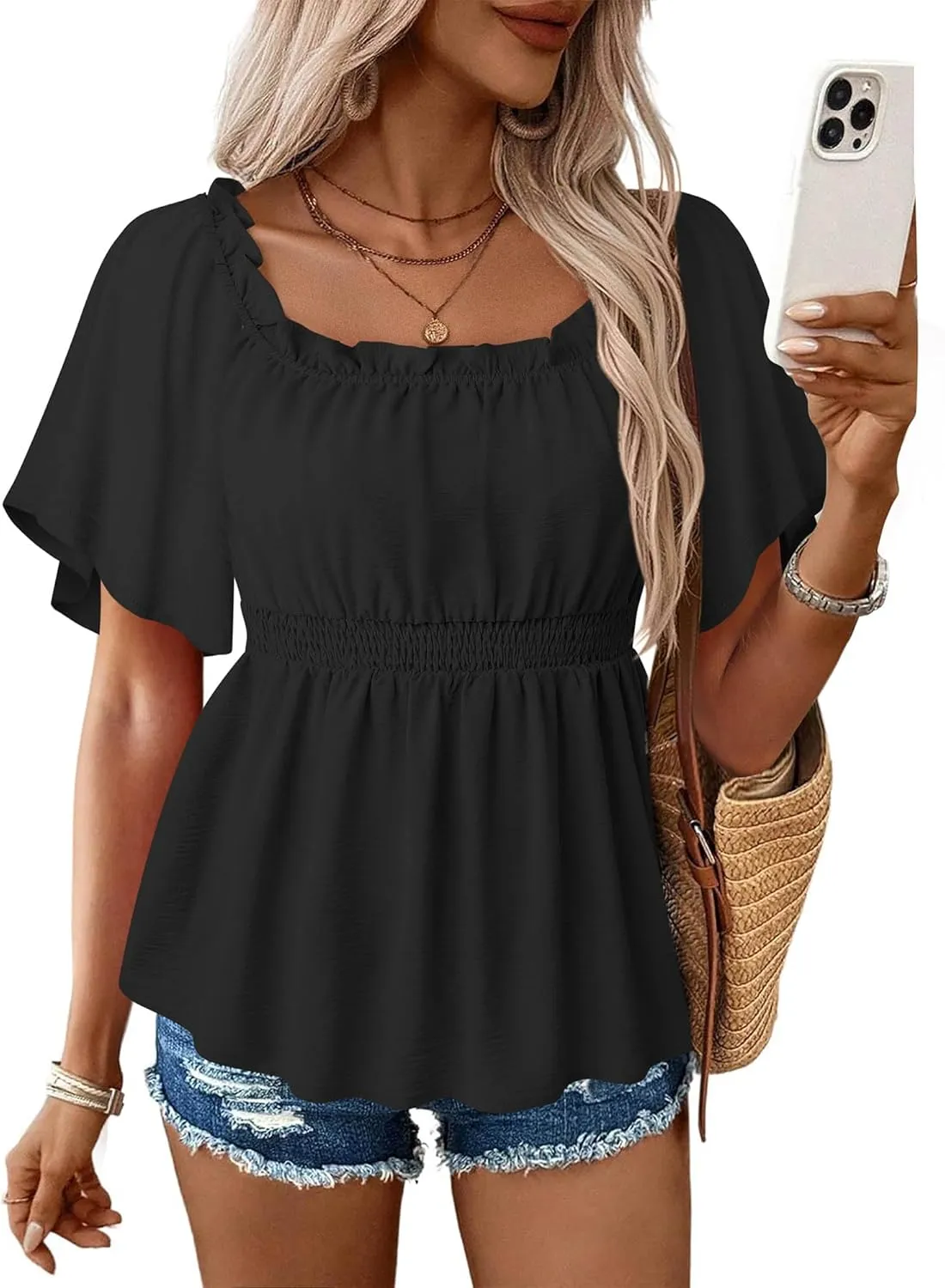 Bebonnie Women's Summer Off The Shoulder Short Sleeve Chiffon Blouse Ruffle Hem Tops