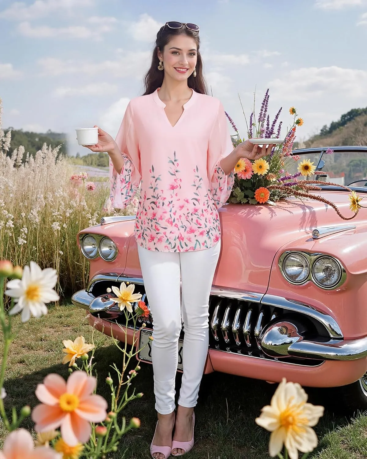 Bebonnie Womens Tops Dressy Casual Ruffle 3/4 Sleeve V Neck Double Layers Chiffon Blouses Tops
