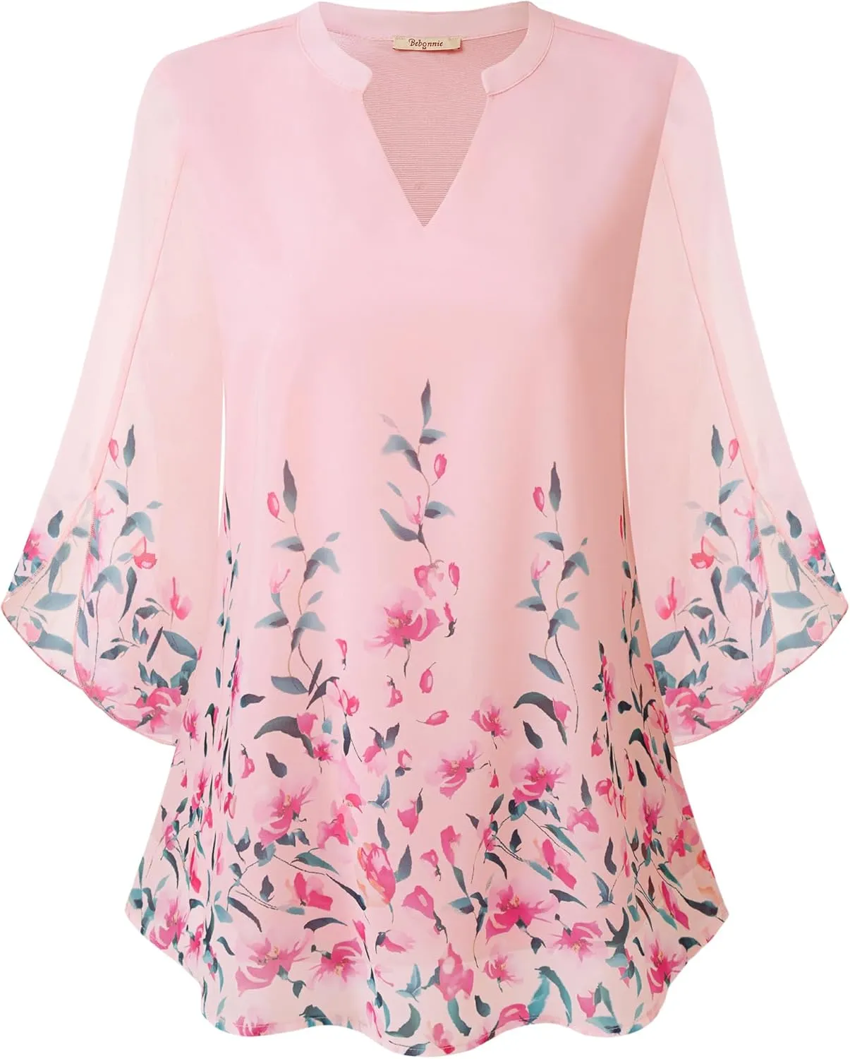 Bebonnie Womens Tops Dressy Casual Ruffle 3/4 Sleeve V Neck Double Layers Chiffon Blouses Tops