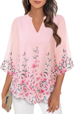 Bebonnie Womens Tops Dressy Casual Ruffle 3/4 Sleeve V Neck Double Layers Chiffon Blouses Tops
