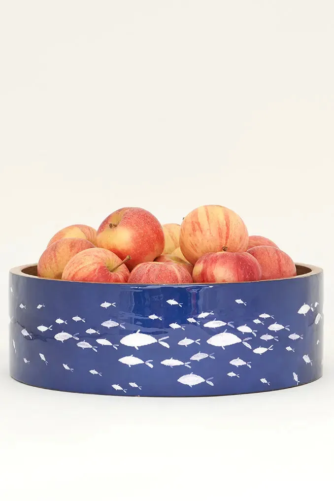 Bol o fuente de madera esmaltada grande con peces