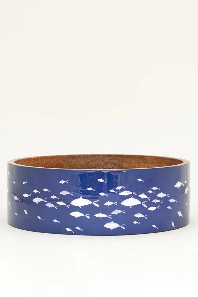 Bol o fuente de madera esmaltada grande con peces