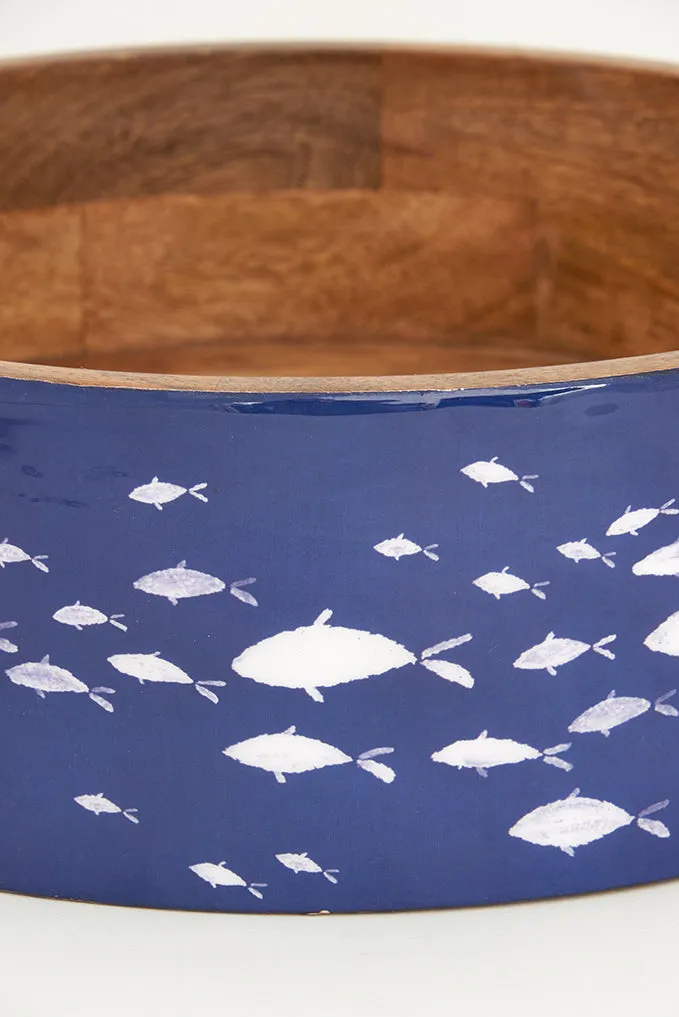Bol o fuente de madera esmaltada grande con peces