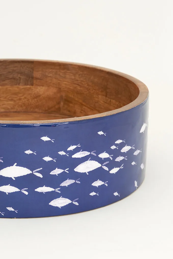 Bol o fuente de madera esmaltada grande con peces