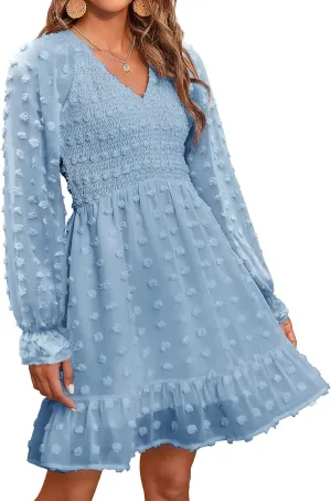 BTFBM Womens Dresses Casual V Neck Long Sleeve Swiss Dot Ruffle Chiffon Flowy Smocked Mini Summer Fall Dresses 2025