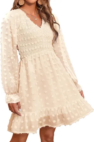 BTFBM Womens Dresses Casual V Neck Long Sleeve Swiss Dot Ruffle Chiffon Flowy Smocked Mini Summer Fall Dresses 2025