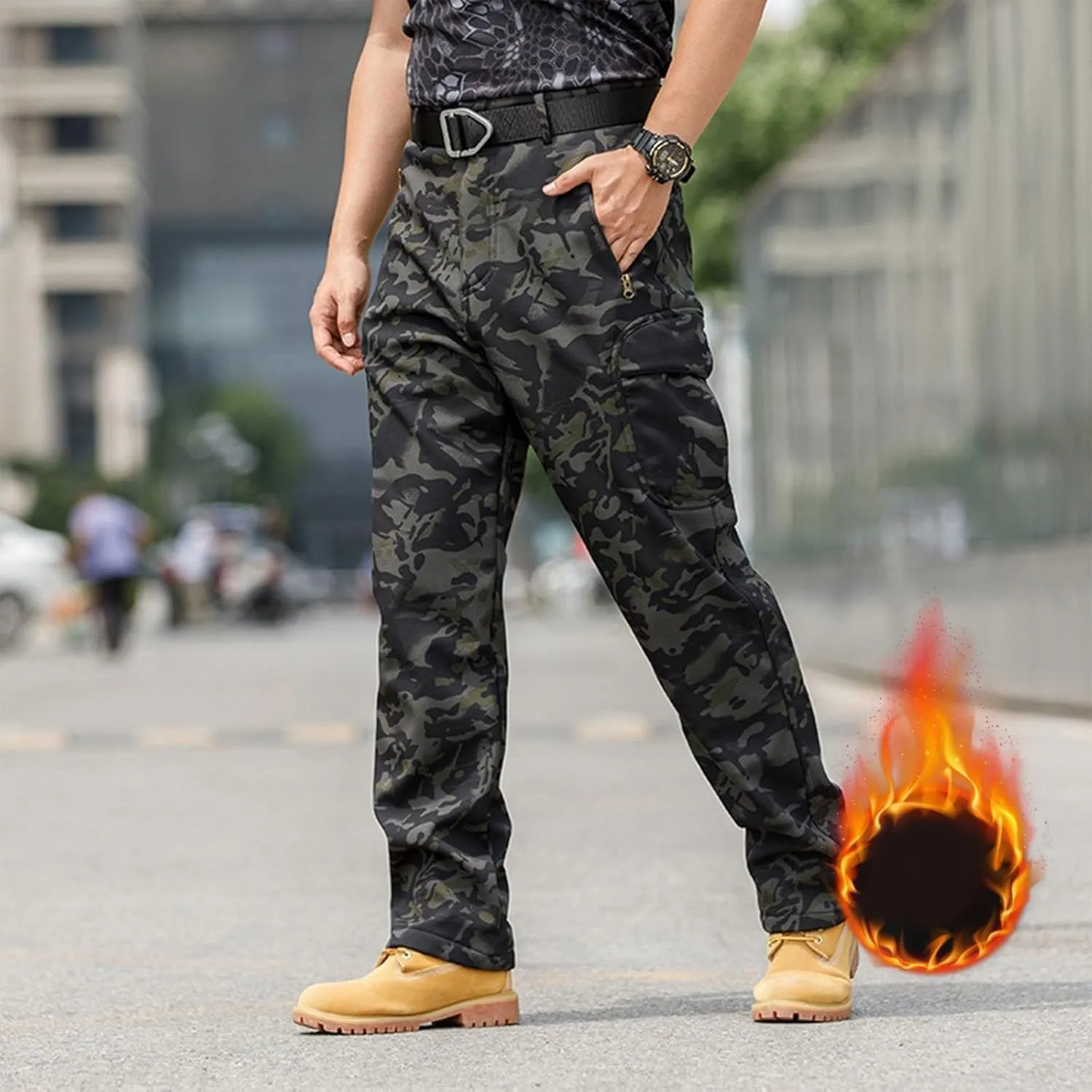 Cargo Pants for Men - Waterproof Winter Warm Fleece Lined Tactical Pants with Zipper Pockets