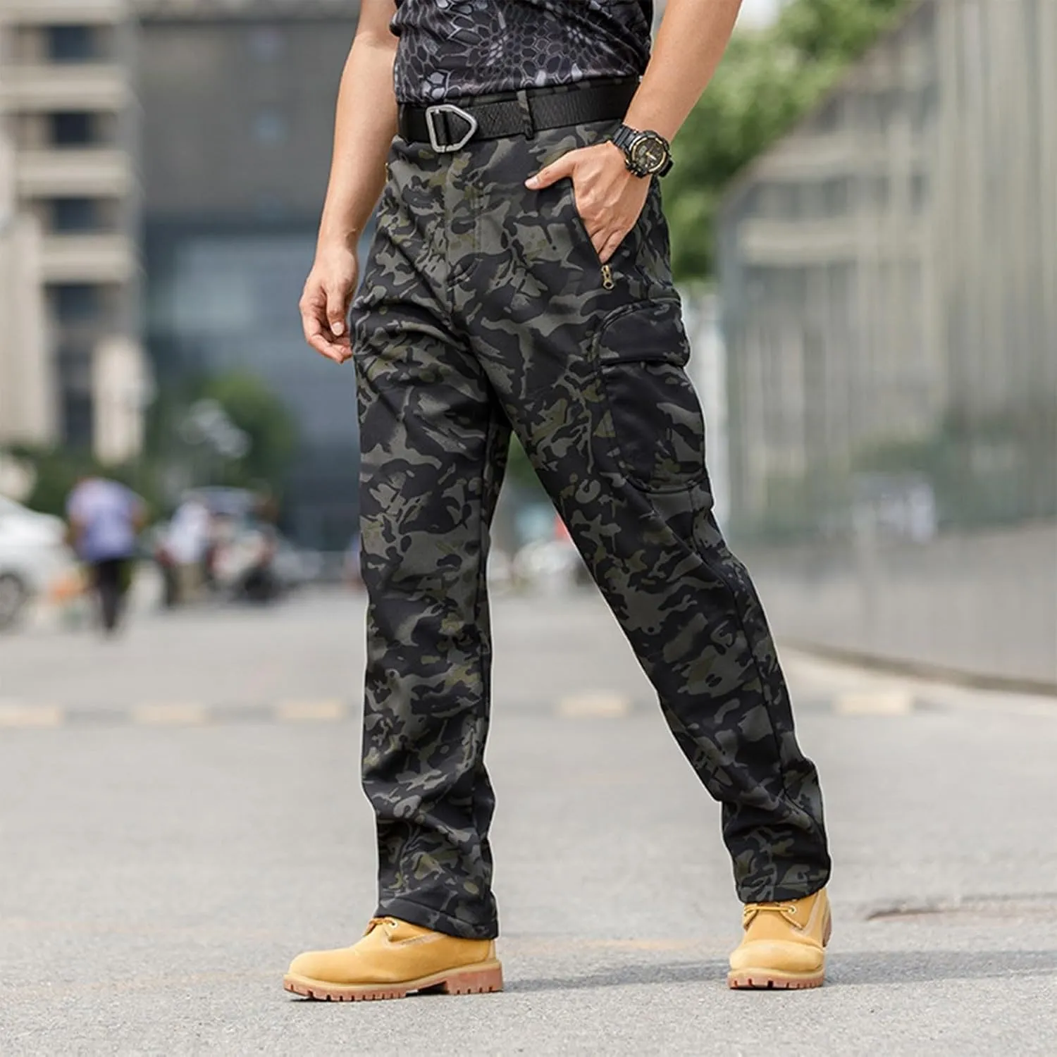 Cargo Pants for Men - Waterproof Winter Warm Fleece Lined Tactical Pants with Zipper Pockets