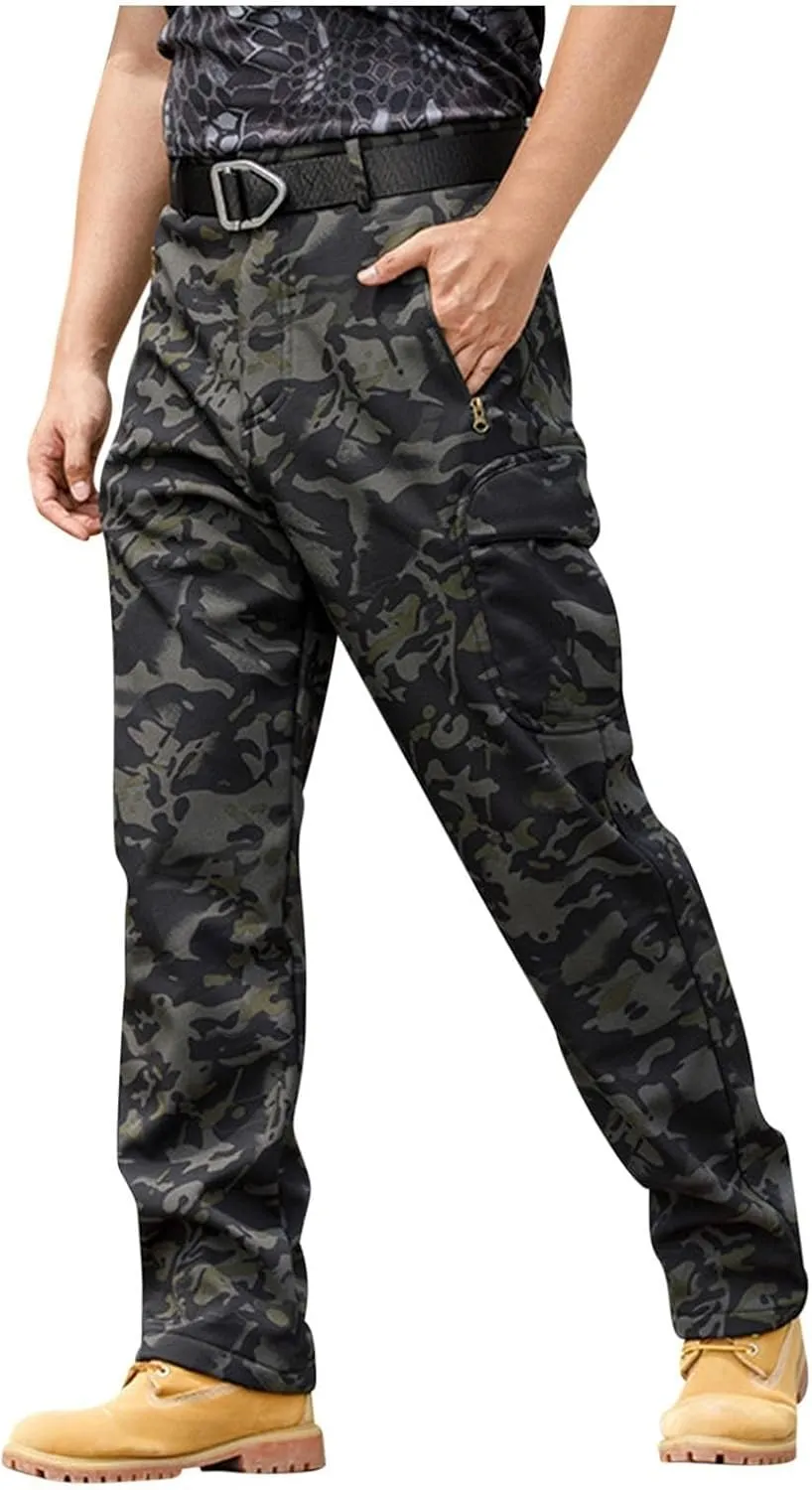 Cargo Pants for Men - Waterproof Winter Warm Fleece Lined Tactical Pants with Zipper Pockets