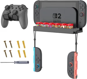 Fintie Wall Mount for Nintendo Switch 2, Metal Wall Mount Kit with 1 Controller Holder, 12 Game Card Holders, 2 Joy-Con Hooks, Space-Saving Console Organizer Behind TV, Black